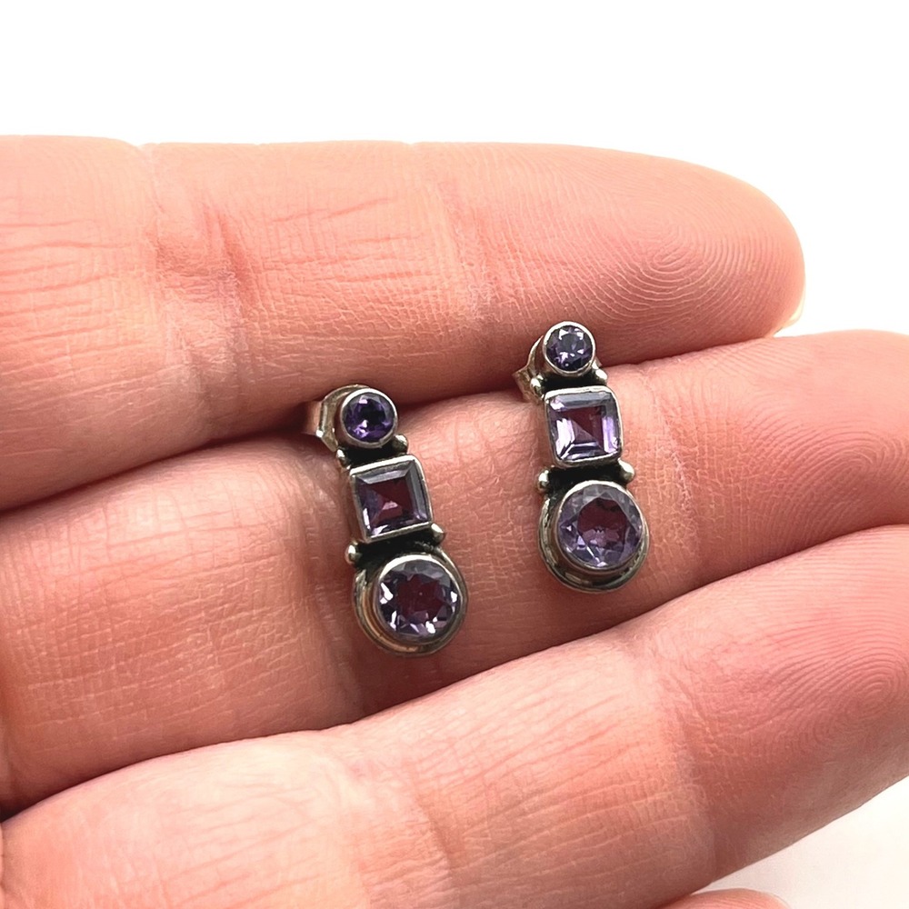 Sterling Silver Amethyst Triple Stone Drop Earrings Round Square Bezel 925